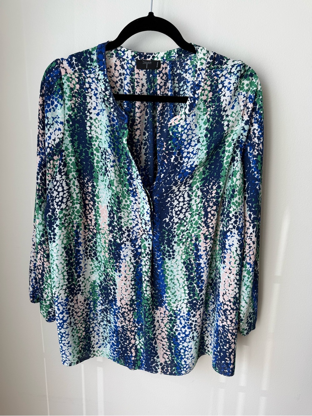Tahari Abstract Print V-Neck Blouse - Navy, Green & Pink